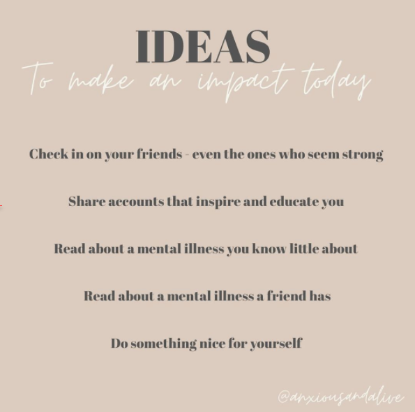 whoalansi's tweet photo. I definitely find I put the spotlight on depression and anxiety in my mental health discussions - they're the most relatable for me personally. Here are some ideas of how to make an impact today in some different ways (again, from @anxiousandalive - Thanks Katie!). #BellLetsTalk https://t.co/clZuzUz2Ip