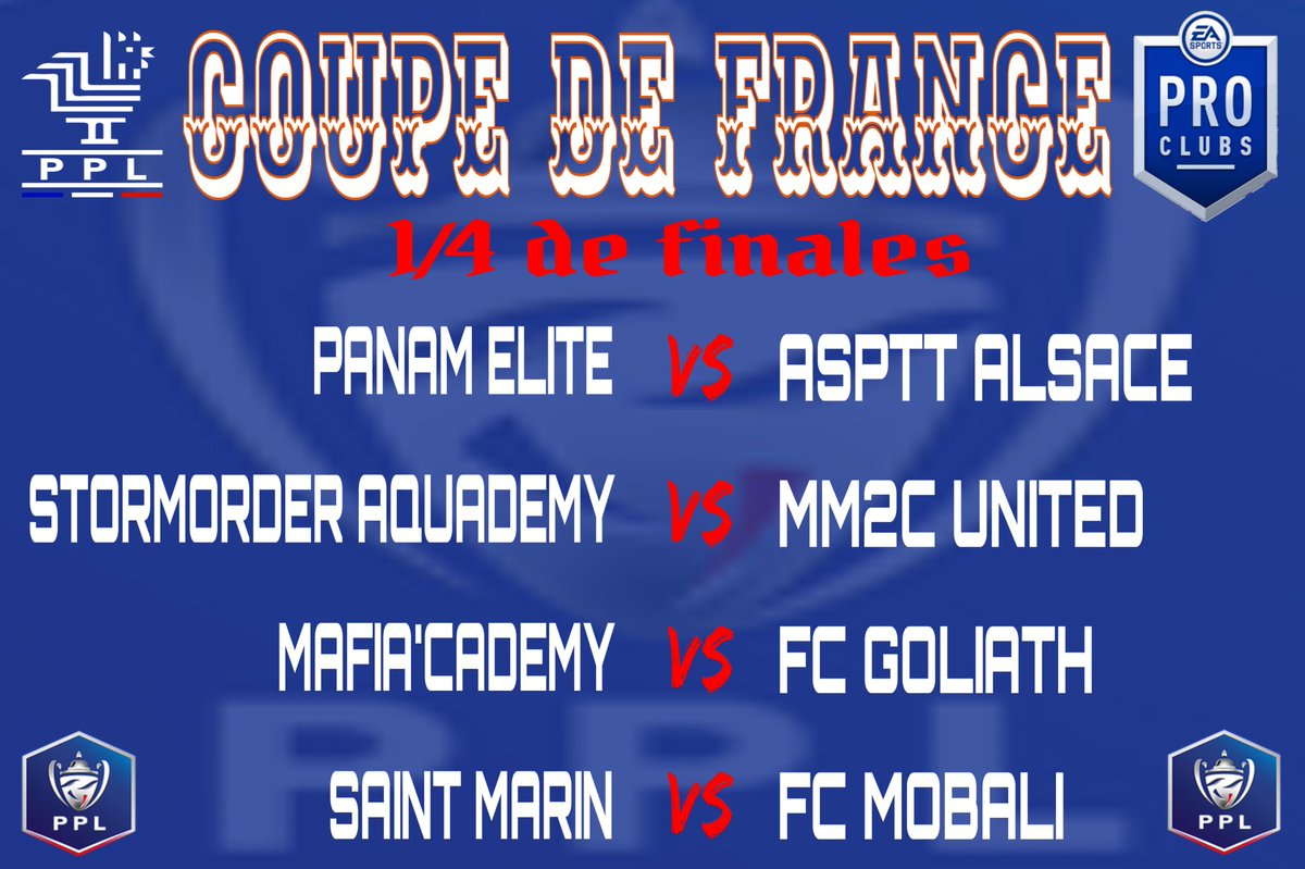 🇫🇷COUPE DE FRANCE PPL🇫🇷

Voilà messieurs c'est fait le tirage des 1/4 finales à était effectué de très belles rencontres en perspective 🤩🤩

Bonne chance messieurs que les meilleurs gagne 💪😉

#FIFA21 #ClubPro #ps4 #France #esports <a href="/RTduCP/">RT du Club Pro</a> <a href="/rtducp1/">𝐑𝐓_𝐄𝐒𝐏𝐎𝐑𝐓</a> <a href="/GamingRTweeters/">Gaming RTs</a>