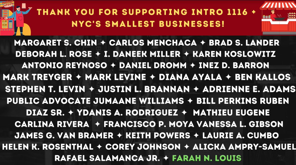 Thank you to all <a href="/NYCCouncil/">New York City Council</a> co-sponsors 
for supporting NYC's smallest businesses. Street Vendors are a staple of city life &amp; an integral part of the economic engine of our communities. Let's end the exploitative system TODAY and pass #Intro1116! <a href="/KeithPowersNYC/">Keith Powers</a>
<a href="/FarahNLouis/">Farah N. Louis</a>