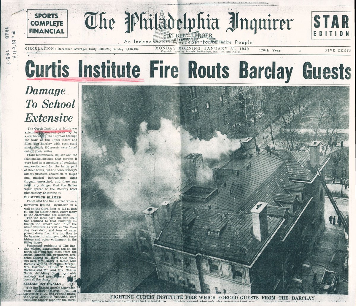 72 years ago on January 31, 1949, Curtis suffered a major fire.  Interior damage was extensive, but thankfully the institute's  collection of instruments and music were untouched.  Here is the original Philadelphia Inquirer article, housed in the Curtis Archives
