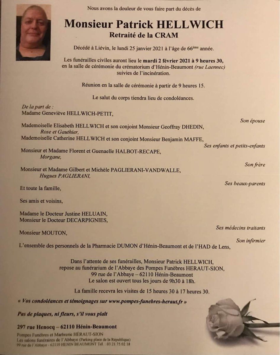 La section PCF d'Hénin-Beaumont a le regret de vous annoncer le décès du camarade Patrick Hellwich, adhérant depuis des années au PCF. Tout nos vœux de condoléances à la famille et aux proches.