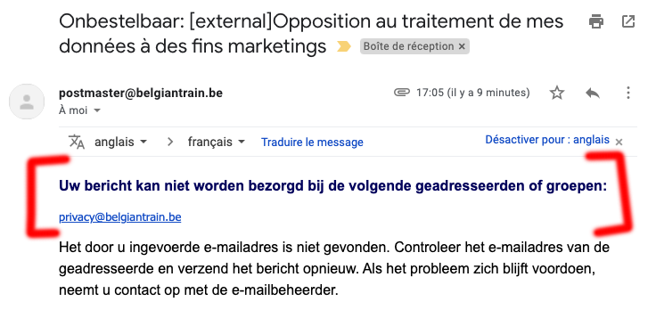 michaelhoste's tweet photo. Bonjour @SNCB, vous avez un problème concernant le GDPR. L'email de contact renseigné (privacy@belgiantrain.be) n'existe pas. Il n'est donc pas possible de se désinscrire de votre mailing list, ou même de demander une suppression de ses données personnelles. https://t.co/aXuEuYUK1x