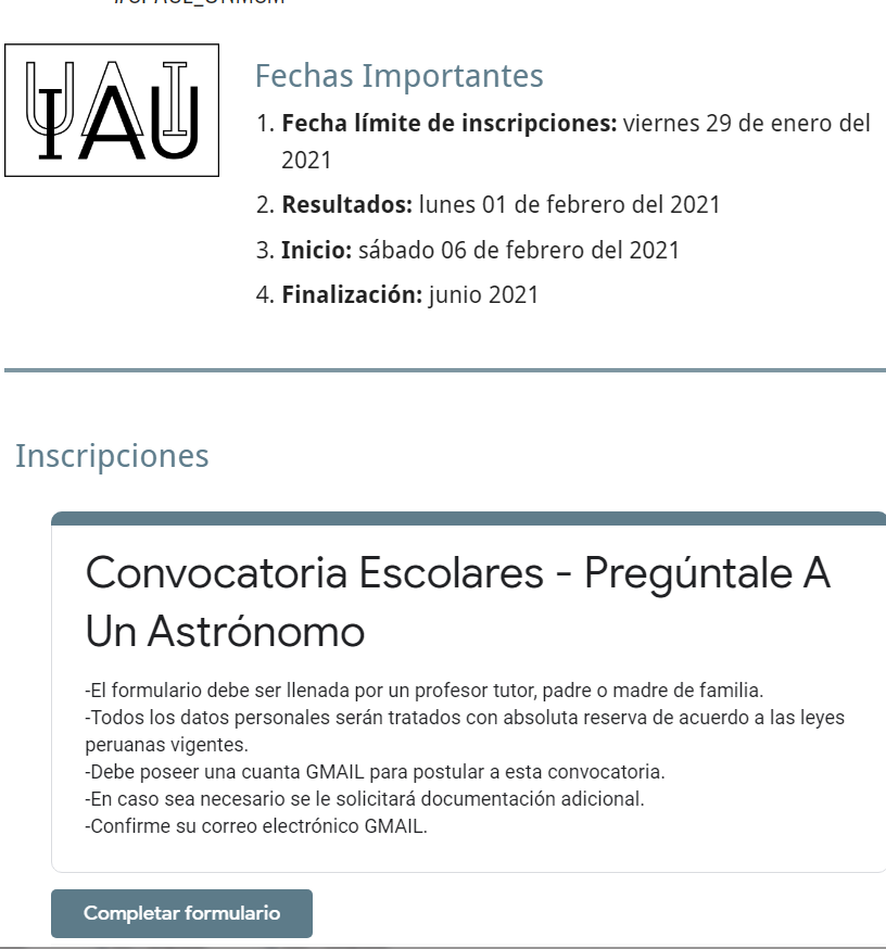 acdacol's tweet photo. "Ask An Astronomer" Interesante proyecto en el Perú para estudiantes de instituciones educativas estatales #Astroclases virtuales gratuitas.
Colombia se debería replicar esta iniciativa de @spaceUNMSM
https://t.co/eHnFHyM2jo
#astronomy
@Astro4Dev
@astro_vvera
@Lissethgq https://t.co/ZGF6Uc6kxL
