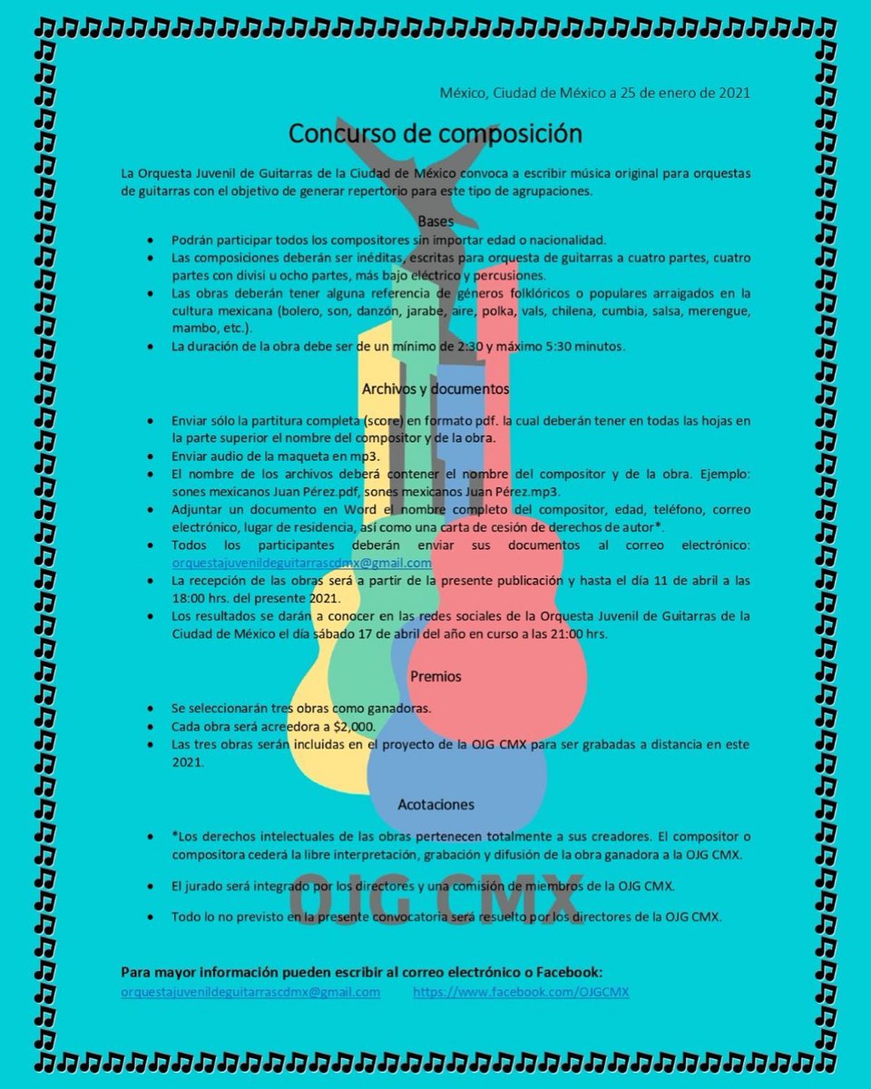 OJGCMX's tweet photo. La Orquesta Juvenil de Guitarras de la Ciudad de México convoca a los compositores interesados en escribir música original para orquesta de guitarras con el objetivo de generar repertorio para la agrupación.
¡Revisa las bases y mándanos tu proyecto!
#CDMX #QuedateEnCasa https://t.co/EYXLU1hU1o