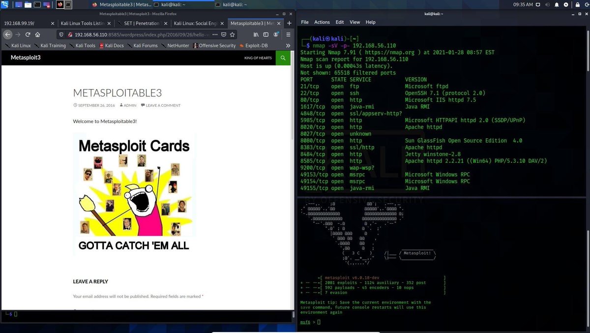 Infosecpat's tweet photo. Playing with Metasploitable 3 and testing exploits. This is a pretty sweet project. @metasploit #infosecpat #infosecurity #infosecjobs #LevelUp #LabITUp #labeveryday #linux #kalilinux #parrortos #windows2008 #Windows10 #Microsoft https://t.co/82VaH5TCEk