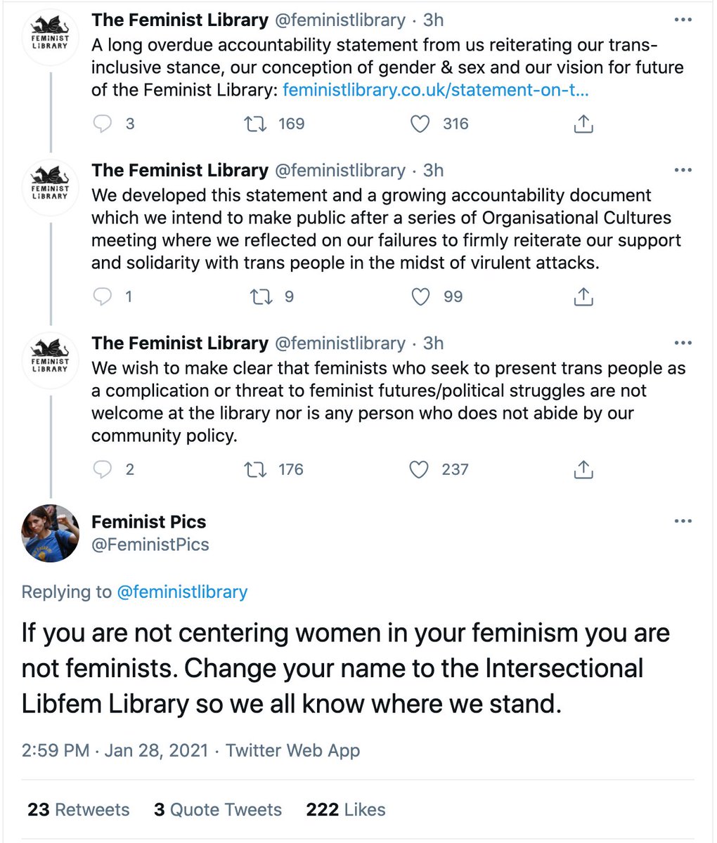 The "Feminist" Library have hidden our reply, so we're reposting the exchange here in full.