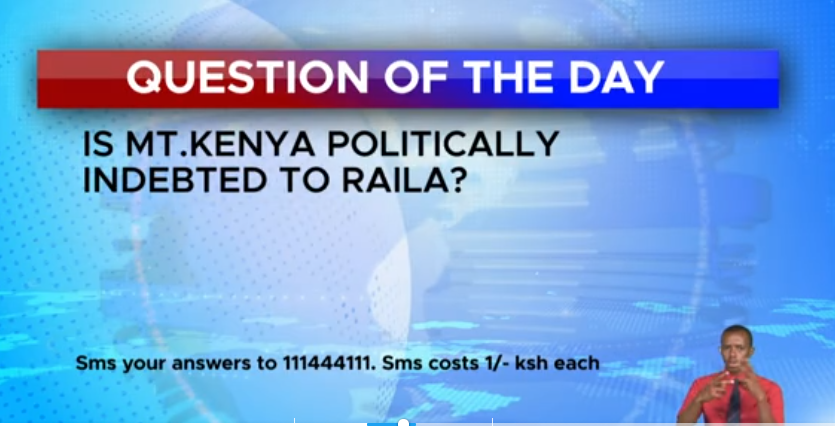 switchtvkenya's tweet photo. QUESTION OF THE DAY

Is Mt. Kenya politically indebted to Raila? #TippingPointKe
@LincolnWambugu SMS 111444111 https://t.co/OgVbwJfSfa