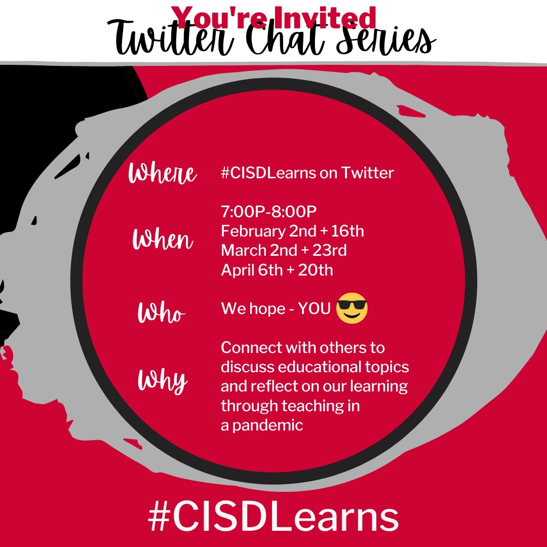 Our Twitter chat series begins Tuesday, February 2nd. Mark your calendar 📅 + join the convo(s) at #CISDLearns. Discuss what you have learned while teaching in a pandemic. Chats designed + led by your @Coppellisd Instructional + Digital Learning Coaches! Retweet and tag a friend!