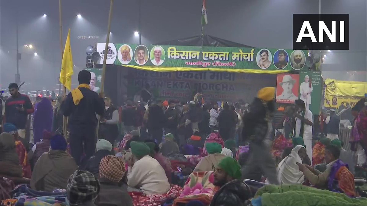 ANI's tweet photo. Sit-in protest at Ghazipur border (Delhi-Uttar Pradesh) continues against the Centre's #FarmLaws. https://t.co/BOaVAGbAeK