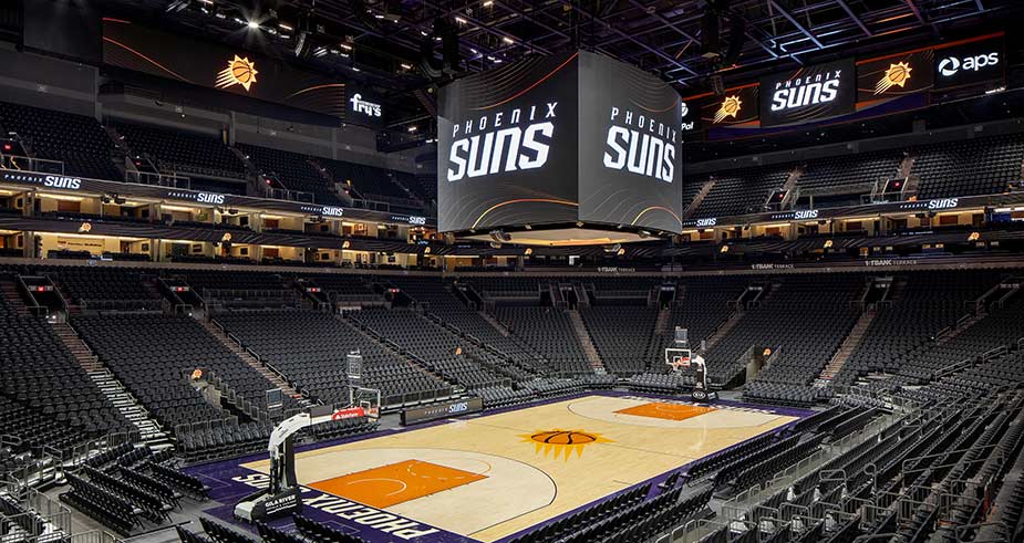Daktronics's tweet photo. News: Daktronics Partners with Phoenix @Suns for Venue-Wide LED Super System. New centerhung, lobby and auxiliary displays bring more than 14,600 square feet of digital space to the venue. https://t.co/PIOb0OkUzc #DakPro #WeAreTheValley https://t.co/Xys1pUNwE9