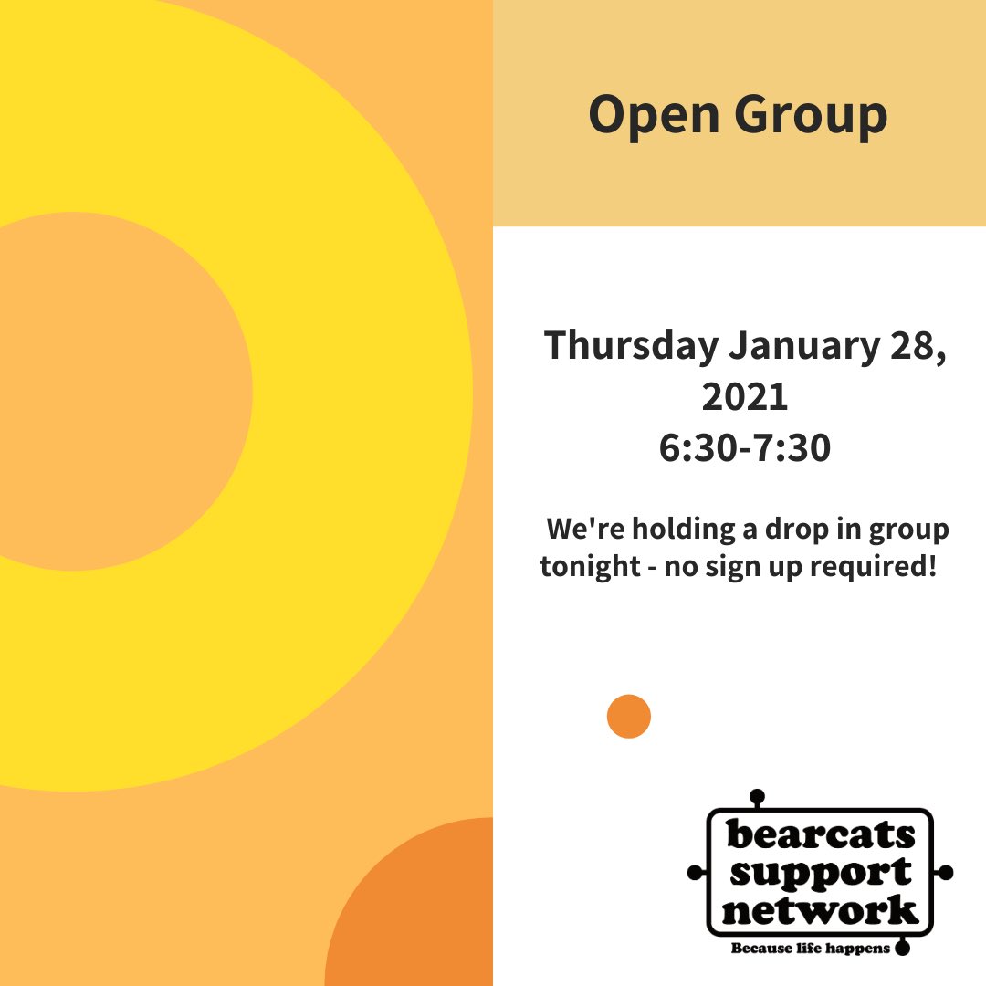 Interested in joining a peer led support group but haven’t had the chance to sign up yet? tonight we’re hosting an open drop in group from 6:30-7:30! open to all students, no sign up required. link to join is in our bio🥳🥳 #stigmafreeuc