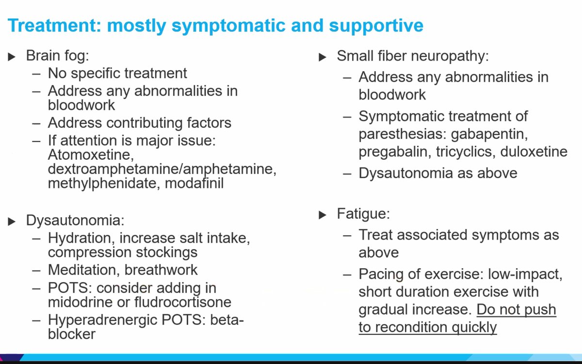  #LongCovid treatment is symptomatic and supportive. Note that in the fatigue category, she emphasizes "Do not push to recondition quickly."Provider comments she's not an MECFS doctor; MECFS can be a whole lecture on it's own. But *please* use caution w/ exercise; *avoid PEM.*