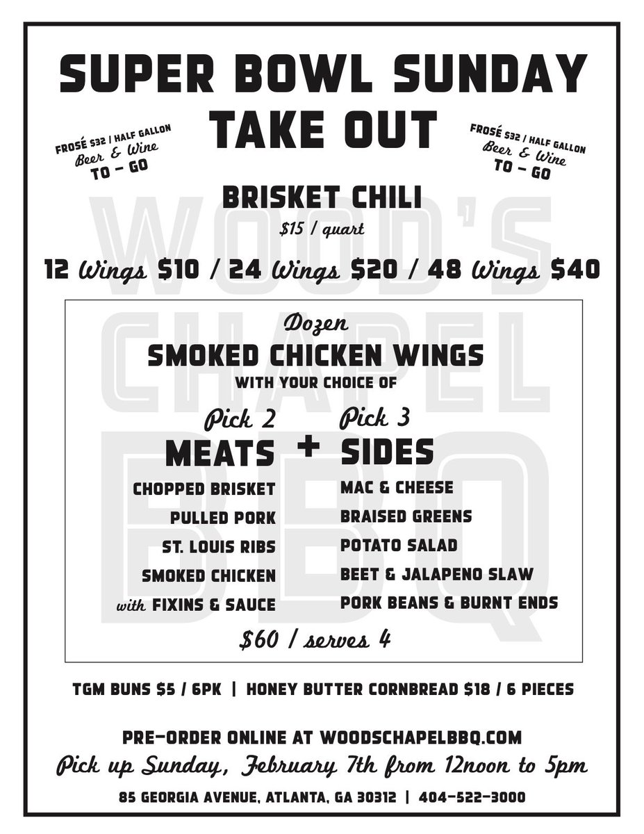 During the pandemic, keep your #SuperBowl party intimate, but make sure to invite <a href="/woodschapelbbq/">Wood's Chapel BBQ</a>! Now taking orders: woodschapelbbq.com #superbowlparty #bbq #atlantabbq