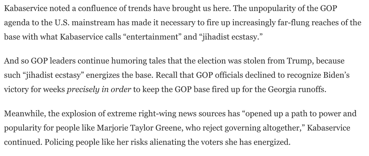 Two good points about what brought us here, from  @RuleandRuin:* Unpopularity of GOP agenda increasingly requires firing up far-flung low propensity voters* Explosion of extreme right wing media opens path to notoriety for people like Marjorie Greene: https://www.washingtonpost.com/opinions/2021/01/28/marjorie-taylor-greene-republican-extremists/