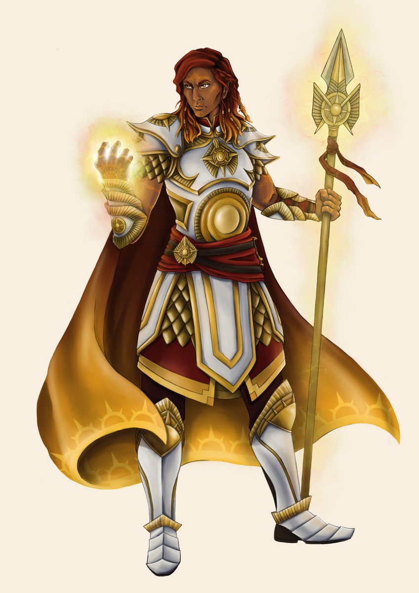 Let's do outfit breakdowns for the Heroes of Starfall Spire from  @NoInitiativeTV! First, my girl Faris.Faris' new Vanguard armour blends elements from her old Solarii armour with the emblem of Valarith, now in white and gold to give her a more polished, heroic look~1/?  https://twitter.com/EvilCleverDog/status/1350865194378002432