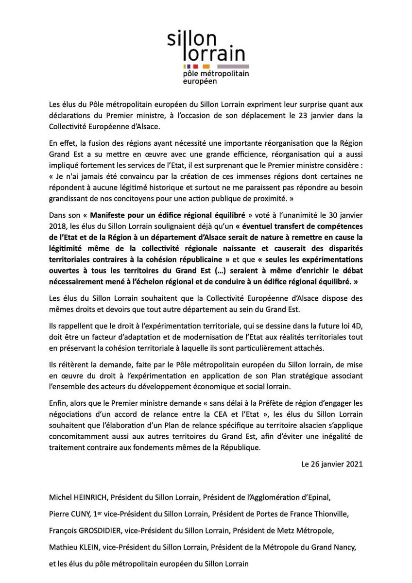 Suite aux déclarations du Premier Ministre Jean Castex concernant la Collectivité Européenne d’Alsace, les élus du Sillon Lorrain s’expriment, et souhaitent que celle-ci dispose des mêmes droits et devoirs que tout autre département au sein du Grand Est.