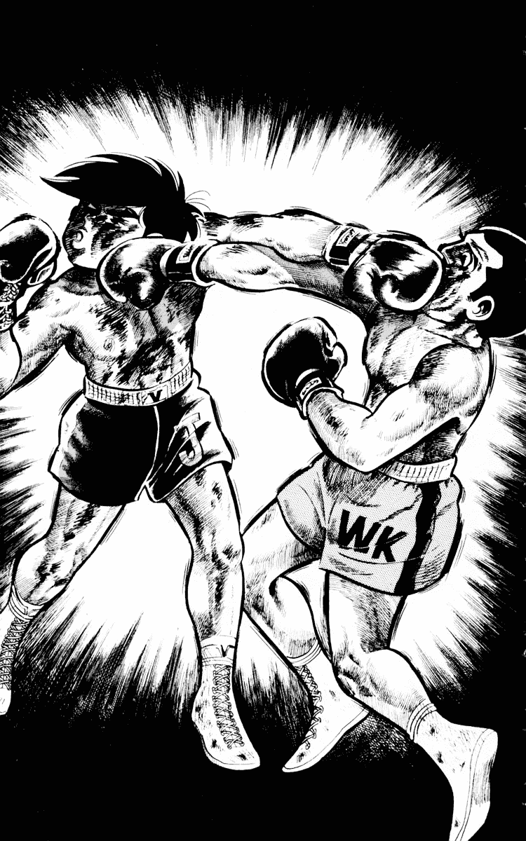 des vies peuvent prendre fin. Dès lors qu’ils posent le pied sur le ring, ces hommes qui s’affrontent mettent leur vie et leurs convictions en jeu. Grâce aux traits sublimes des crayons de Tetsuya Chiba, les coups de poings paraissent très puissants mais surtout meurtriers,