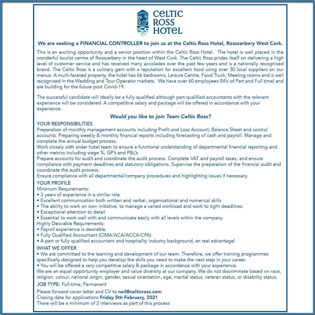 HelenWycherley's tweet photo. JOB ALERT:(WEST CORK)
🌟Great opportunity to join the amazing team @CelticRossHotel We’re looking for a Financial Controller. Senior position will help shape the Hotel’s future as we emerge from Covid19. Fab location to call the office😊 #jobfairy #recruitment Please RT! https://t.co/fvQ31r8Sq9