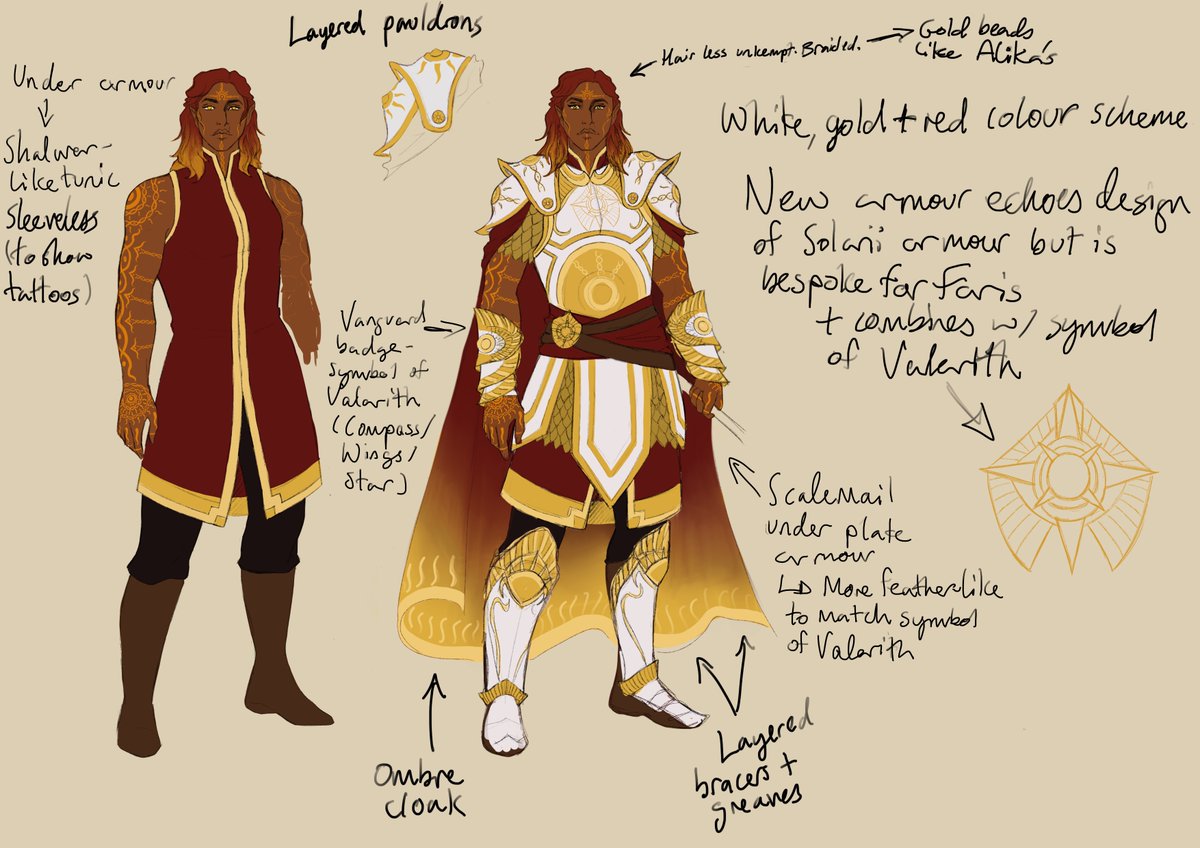 I did a rough design sketch with notes for her outfit too I gave her gold scalemail bc it's pretty & also to match the wing-like design on the Valarith emblem and her plate armourShe now wears her hair braided with gold beads like the ones Alika has in her box braids 2/?