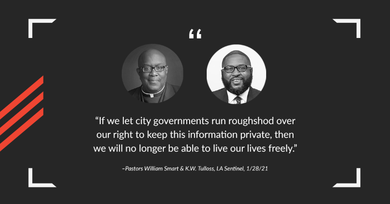 CARScoalition's tweet photo. “City officials will tell you it’s not surveillance, but the tech speaks for itself.” Read more from Pastors @pastorwsmart and @KWTulloss as they speak out on #DataPrivacyDay in @thelasentinel →
