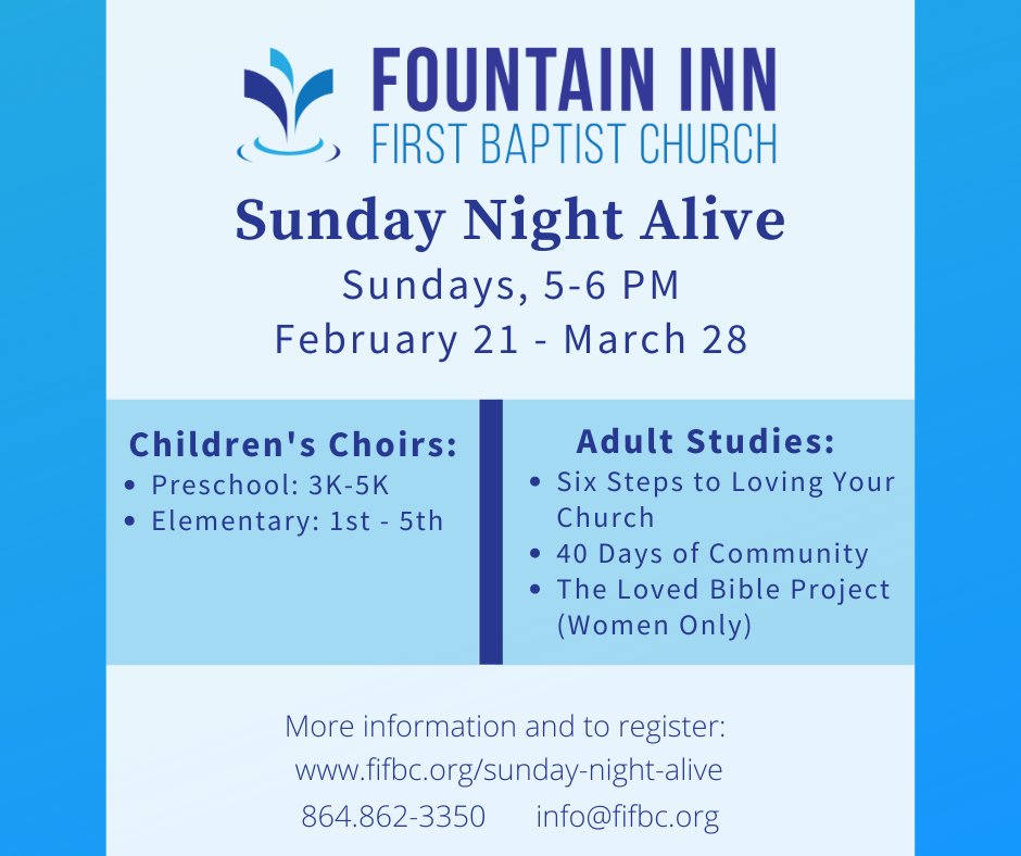 FBCInn's tweet image. We are excited to announce the following upcoming activities:
Women's Precept Study - Feb. 3- Mar 17 | Wed., 9:30-11:30 am
AWANA CLUBS - Feb. 24 -  May 12 | Wed., 6-7:15 PM
Sunday Night Alive - Feb. 21 - Mar. 28 | Sundays, 5-6 PM 
Visit fifbc.org for more details.
