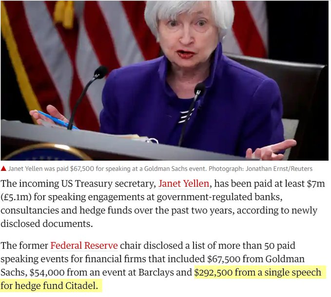 Janet Yellen was paid $292,000 from Citadel for a speech.Citadel owns a huge stake in Melvin Captiol after Citadel LLC bailed out Melvin, which lost billions on Gamestop stock going up.Citadel gets 40% of its revenue from Robinhood.Everything is one giant fucking scam.