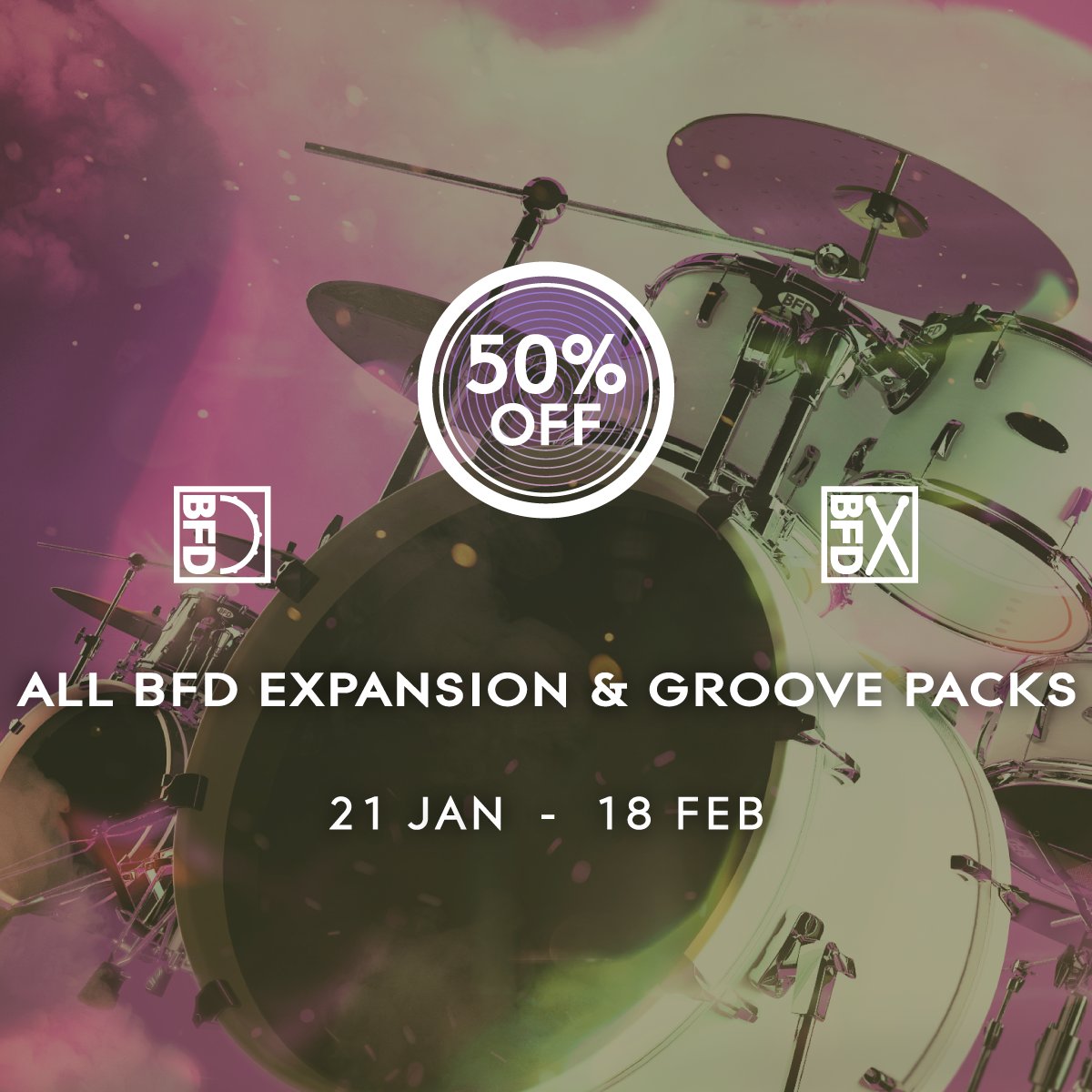 fxpansion's tweet photo. 🥁  SALE 🥁

BFD Family, customise your drum studio with new sounds and grooves for less! SAVE 50% on BFD expansions &amp; groove packs until 18th Feb. 

Shop BFD Expansions: https://t.co/eX5Iom756V
Shop BFD Groove Packs: https://t.co/xNNaSWzdrH https://t.co/SzOjd5XjaU