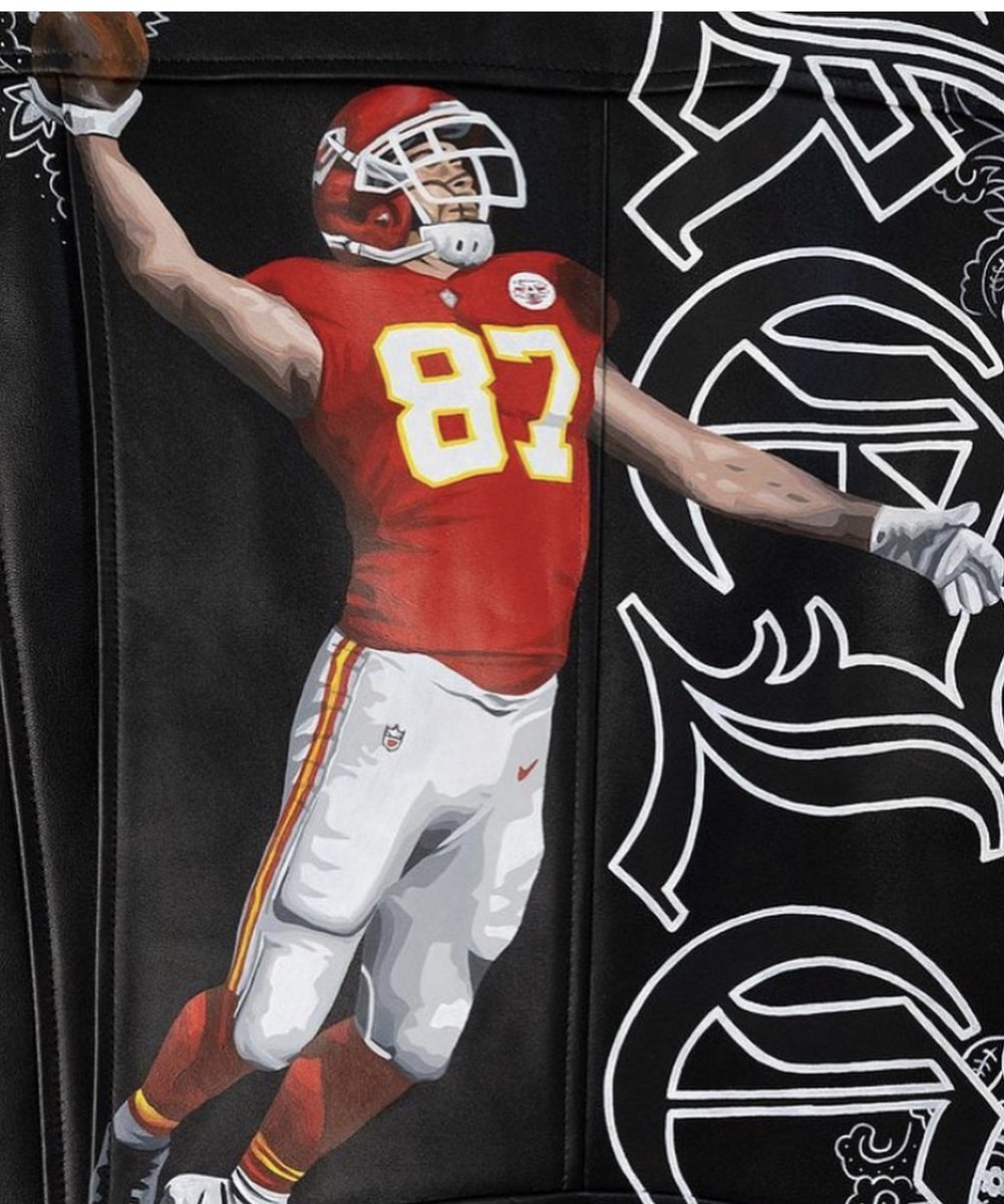 After the win over the #Bills, <a href="/tkelce/">Travis Kelce</a> poses in <a href="/LouisVuitton/">Louis Vuitton</a> and his girl #KaylaNicole poses in a custom <a href="/acnestudios/">Acne Studios</a> leather bike jacket by <a href="/tkopaintings/">Taylor Kampa Olson | TKO</a> in support of her boy and the #Chiefs 🏈🏍️ #NFL #stylelikeapro