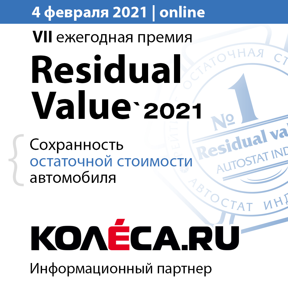 Ежегодная Премия «АВТОСТАТ» «Residual Value-2021» пройдет онлайн 4 февраля. Наш новый информационный партнер премии - Kolesa.ru. Много новостей, эксклюзивные материалы, рендеры автомобилей будущего, много серьёзной аналитики и подробностей о новых и подержанных авто