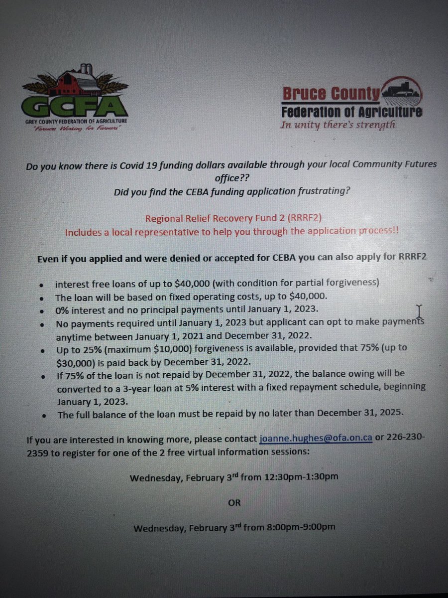 ⁦<a href="/GreyFedAg/">Grey County Federation of Agriculture</a>⁩ and ⁦<a href="/BruceFed/">Bruce Cnty Fed of Ag</a>⁩ is hosting RRRF 2 Covid 19 funding information meetings.  Funding with regional reps that can help with the application form and answer your questions!  Don’t miss out!!  ⁦<a href="/OntarioFarms/">Ontario Federation of Agriculture</a>⁩ #ontag Register today!