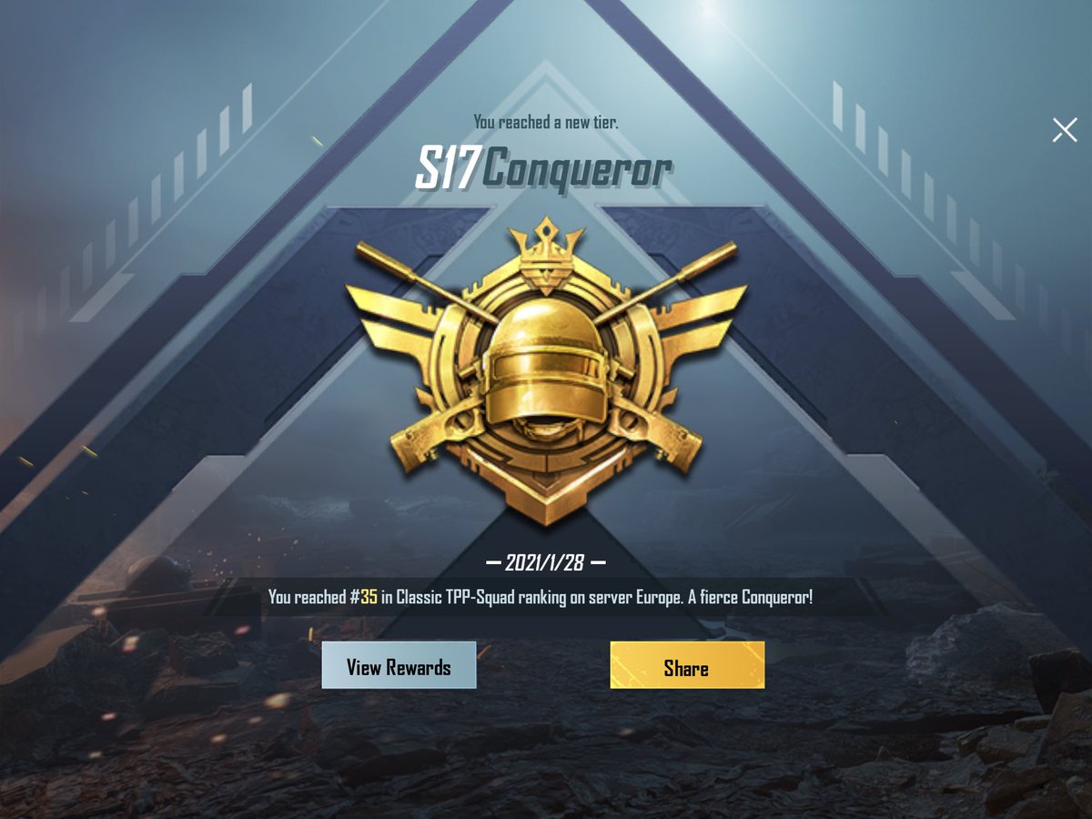 Rosysin1's tweet photo. After a long tedious week, I’m can finally shout out that I’ve obtained the EU squad conqueror title for the first time, with amazing teammates by my side. Lets gooo. #conqueror #pubgm https://t.co/hiYnWib7bY
