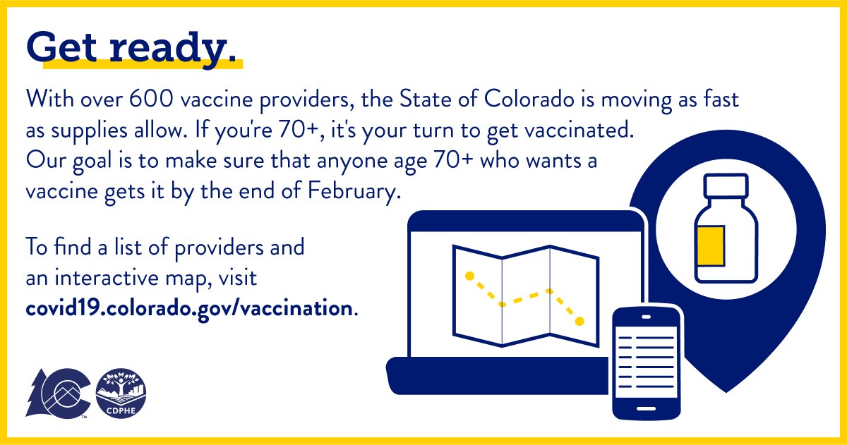 CDPHE's tweet photo. If you are 70 and older (or know someone who is), schedule your free COVID-19 vaccine at a location near you. Locations are not open for walk-in appointments. 

Here’s where to get vaccinated: https://t.co/nomv2NQh1L 

#Covid19Colorado #ColoradoVaccine https://t.co/EUhDBjKKXM