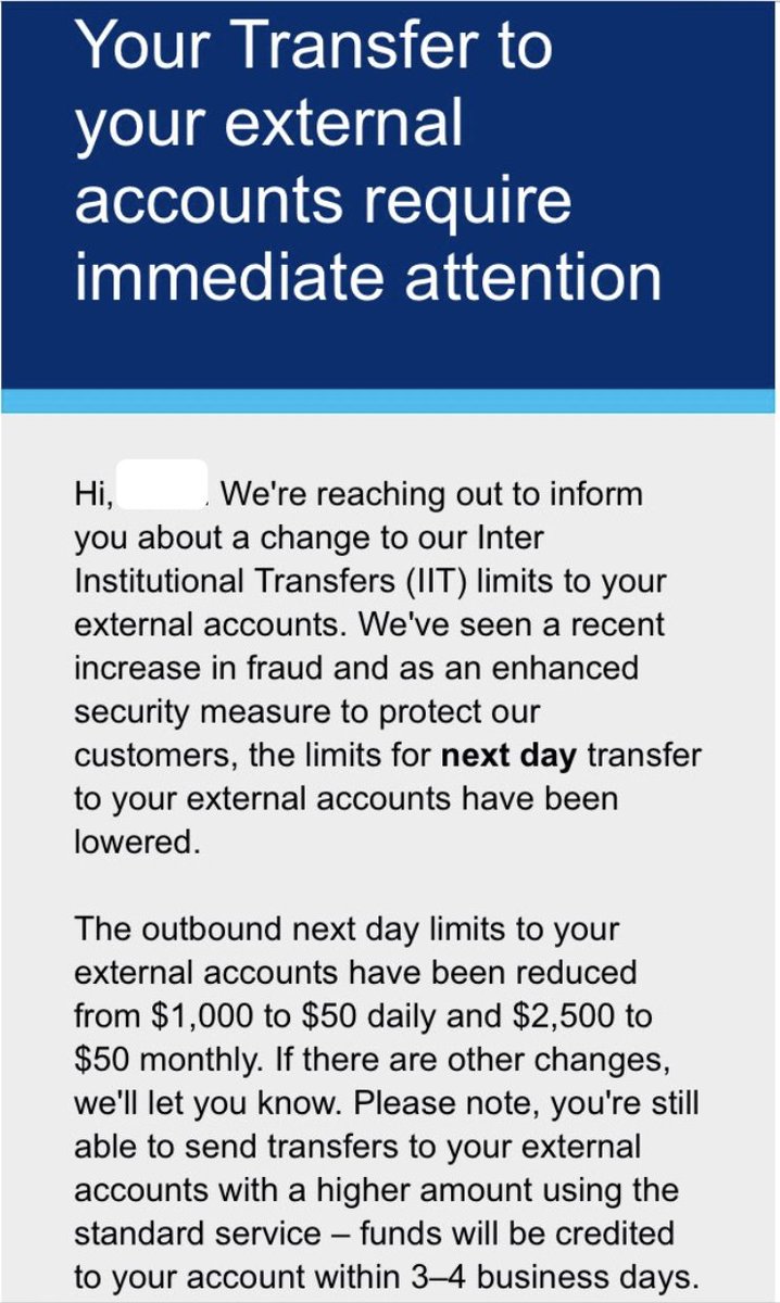 Citibank now dramatically restricting transfers to external accounts.