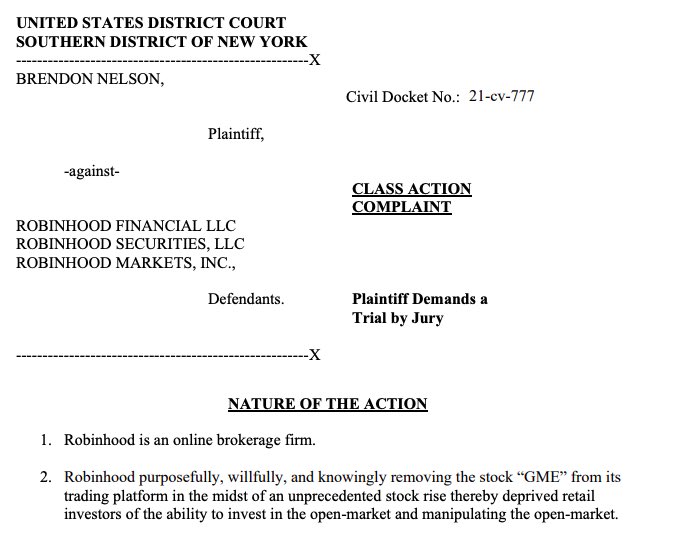 And the real winners have arrived, the lawyers.A class-action lawsuit against Robinhood has been filed in the Southern District of NY https://ecf.nysd.uscourts.gov/doc1/127128425123