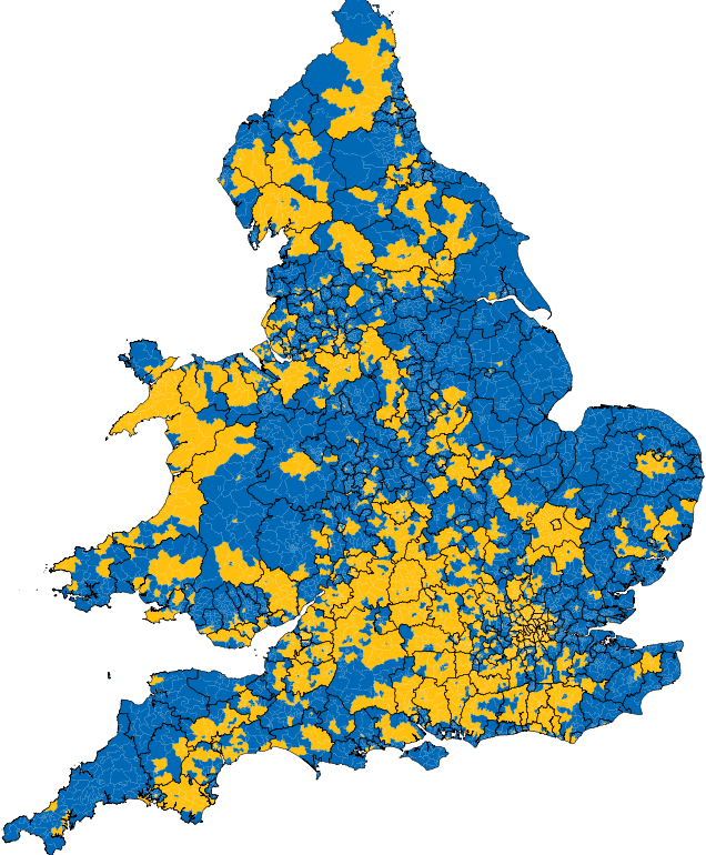 Inserting Local Authority lines back onto the map - you can start to get a sense of the complexity in voting patterns. Some authorities vote as one, but others - particularly in N Yorkshire, Northumberland, Cumbria, Powys, Devon, Wiltshire are very split