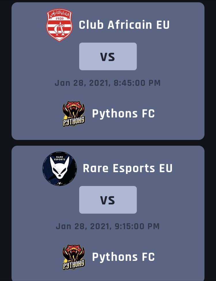 Machday

🏆| <a href="/OfficialVPG/">Virtual Pro Gaming</a> Champ South 

🆚| Club Africain EU / ✈️

⏰| 10:45 🇸🇩

🆚Rare Esports EU / ✈️

⏰| 11:15 🇸🇩

📺 youtube.com/c/HusseinAbuba…

برو كلوب 
فيفا 21