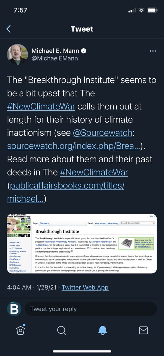 UPDATE12. In response to my essay,  @michaelemann continues to promote disinformation about  @thebti, linking to an  @sourcewatch page that is wildly inaccurate and hasn't been updated in almost a decade. And yet, enviro journos continue the fawning, uncritical coverage.