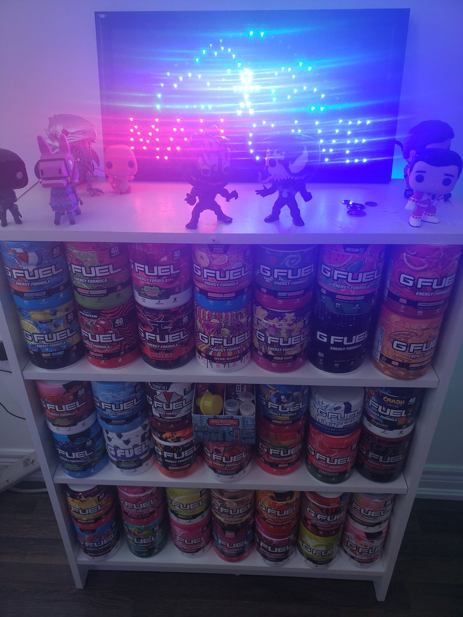 PvP_Hoe's tweet photo. So @GFuelEnergy,

I updated my collection with a new look, and 11 new flavors..

As you can also see, I've been kicked out to the man cave...

All for the love of #GFUEL 🥰 https://t.co/TVVhz6f0xf