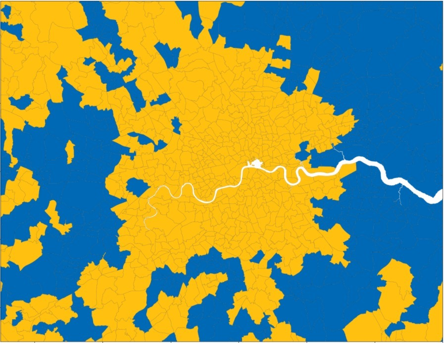 The Remain voters emanate out of London basically by Train spokes. Commuting, and place of work, are almost as predictive as actual physical polling locations. London is literally two cities - 2/3 inner entirely Remain, 1/3 Leave