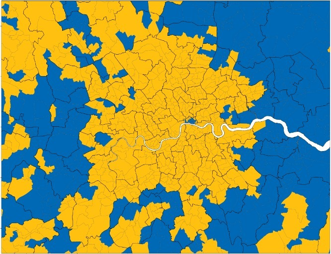 The Remain voters emanate out of London basically by Train spokes. Commuting, and place of work, are almost as predictive as actual physical polling locations. London is literally two cities - 2/3 inner entirely Remain, 1/3 Leave