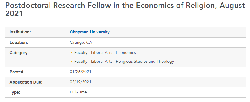 jaredcrubin's tweet photo. ***POST-DOC IN ECONOMICS OF RELIGION &amp; CULTURE***

We are hiring a 2-year postdoc at Chapman in the economics/poli sci of religion and/or culture

This is a research-based post-doc. Come work with me &amp; Larry Iannaccone for 2 years!

For more: https://t.co/8lzKgkyH6t https://t.co/lpqt2IIC6C
