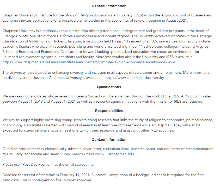 jaredcrubin's tweet photo. ***POST-DOC IN ECONOMICS OF RELIGION &amp; CULTURE***

We are hiring a 2-year postdoc at Chapman in the economics/poli sci of religion and/or culture

This is a research-based post-doc. Come work with me &amp; Larry Iannaccone for 2 years!

For more: https://t.co/8lzKgkyH6t https://t.co/lpqt2IIC6C