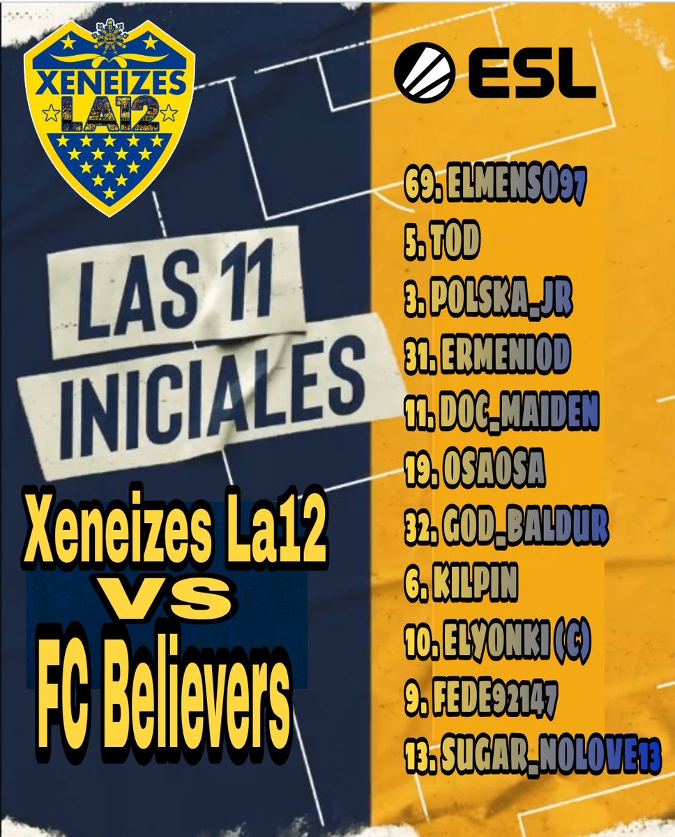 Xeneizes__La12's tweet photo. 📋 El 11 inicial para enfrentar a @FC_Believers en la División 4 de @ESLFIFA @ESLItaly

#VamosXeneizes #LaMitadMàs1
@Sugar_Show13 @kilpin21 @elyonki77 @tod9699 @kalulu00 @yimmi_chara19 @Pako_God_Baldur @OffSidePage @PhoenixRetweet @NewsProclub @HouseOfProClub @ILOVEPROCLUB1 https://t.co/shYfwa9726