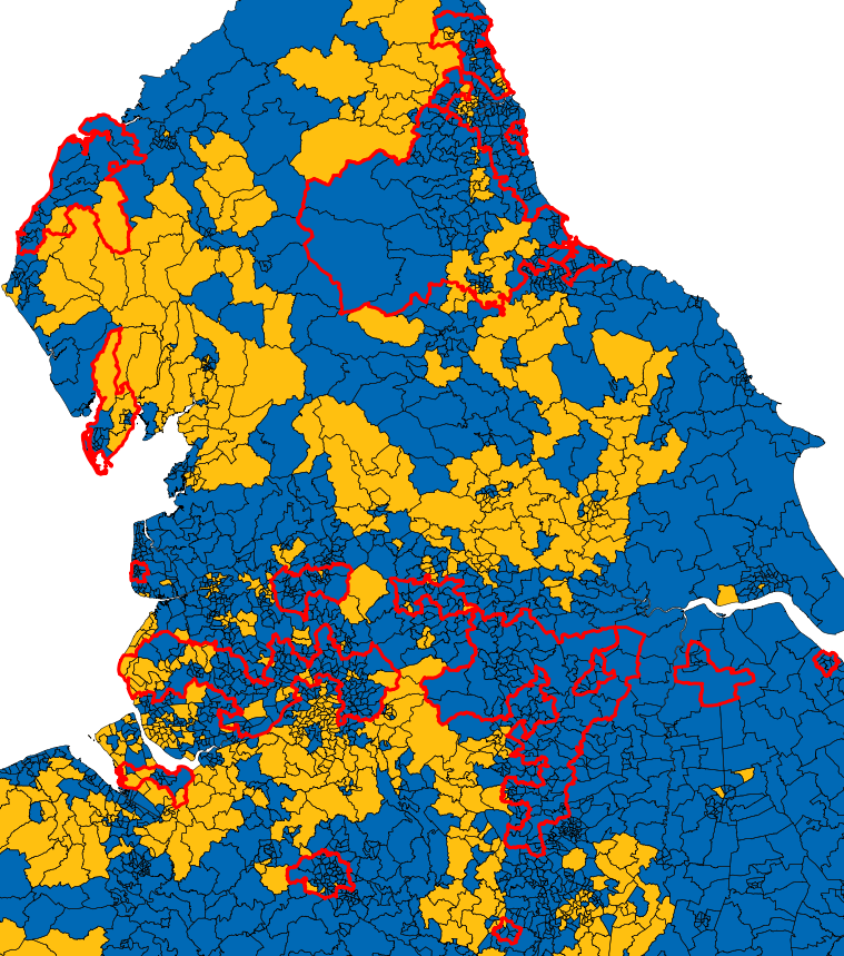 The Red Wall pockets map neatly across discrete pockets of the North and East Midlands which basically are "quite" a bit more urban than the average Tory held wards and very Leavey. The close vote in Leeds/Sheffield/Birmingham is a function of city size + surrounding countryside