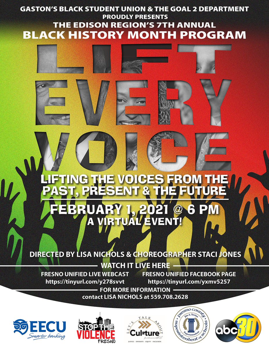 fresnounified's tweet image. We're so excited for the 7th Annual Edison Region Black History Month program! Join us to kick off Black History Month with this beautiful celebration by our students! You can watch it live on February 1st at 6pm on our Facebook page or at go.fresnounified.org/ustream/!