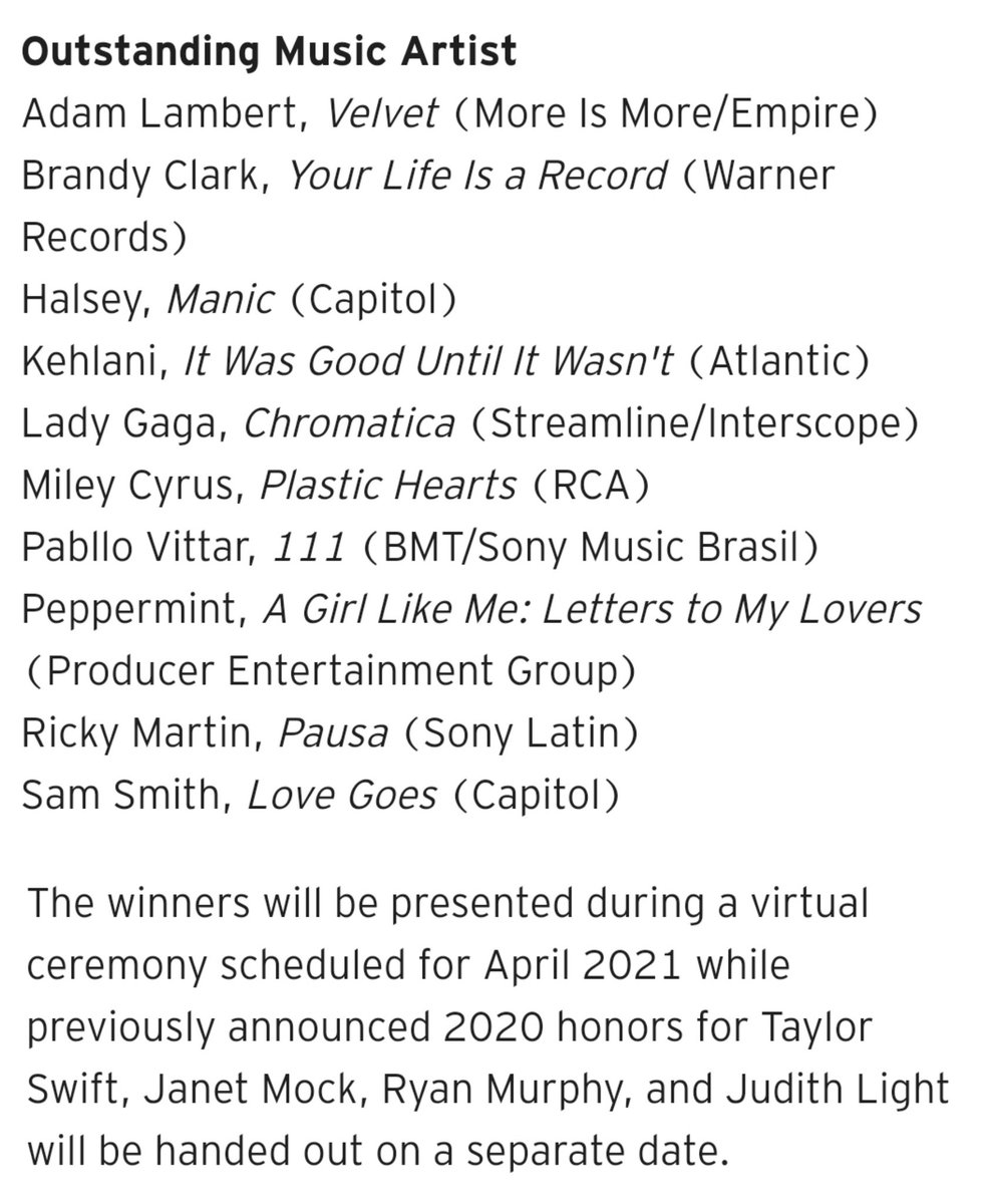 NEWS|<a href="/AdamLambert/">ADAM LAMBERT</a> is nominated for "Outstanding Music Artist" with his album #VELVET at the 32nd #GLAADMediaAwards! 

"The winners will be presented during a virtual ceremony scheduled for April 2021." Full list of nominees:et.tv/3ae10uE

So deserved! 💚