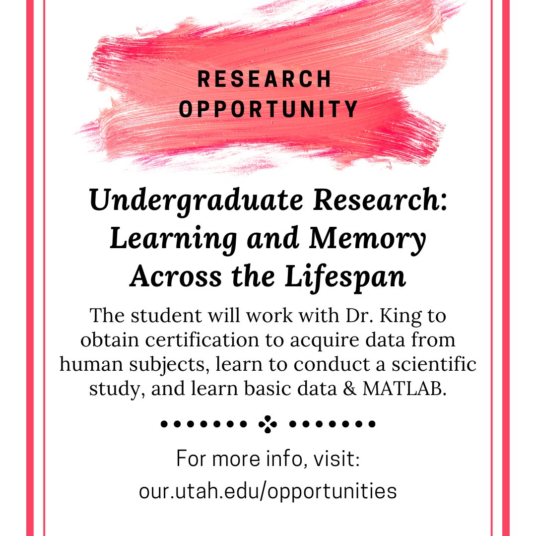 📢 RESEARCH OPPORTUNITY Interested in working w/ children&older adults? Dr. King from @CofHealth @UofU_HK is looking for a student to help w/ research that aims to address the knowledge gap of motor learning&memory consolidation processes change. Info: our.utah.edu/opportunities/….