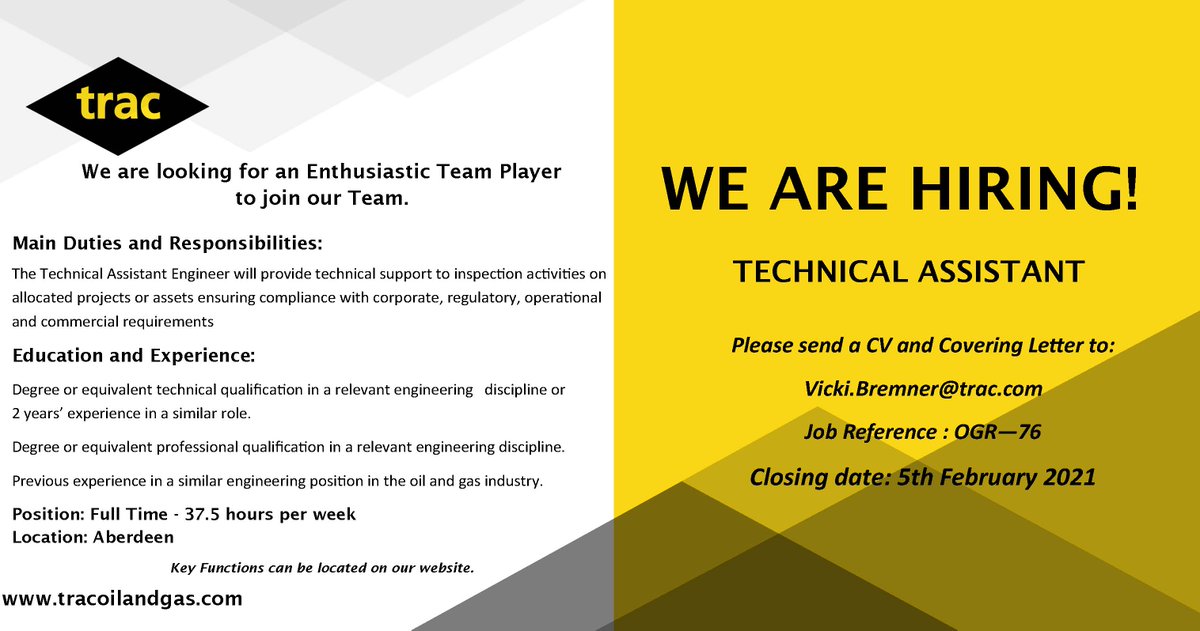 TRAC_Energy's tweet photo. WE ARE HIRING!

TECHNICAL ASSISTANT -  Job Reference No: OGR-76

Position: Full Time - 37.5 hours per week
Location: Aberdeen

Full Job Description can be found here on our website: https://t.co/bEyhaT2wy1

#oilandgas #technical #northsea #recruitment https://t.co/Y6EX3f3DSd