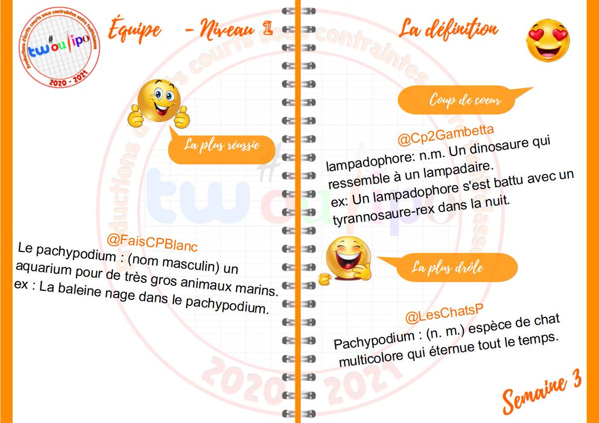 Bravo à toutes les classes de l' #EQ01! Magnifiques définitions. Voici les résultats de vos votes pour cette semaine 4 de #Twoulipo. Félicitations!
<a href="/Cp2Gambetta/">Cp2Gambetta</a> 
<a href="/FaisCPblanc/">CP à San Francisco</a> 
<a href="/LesChatsP/">LesChatsP</a> 
<a href="/ZazaCpD/">Cpd</a> 
<a href="/CpThorez/">CP Thorez</a> 
<a href="/LeCPdesnainsde1/">LeCPdesnainsdejardin</a> 
@CpFlaubert