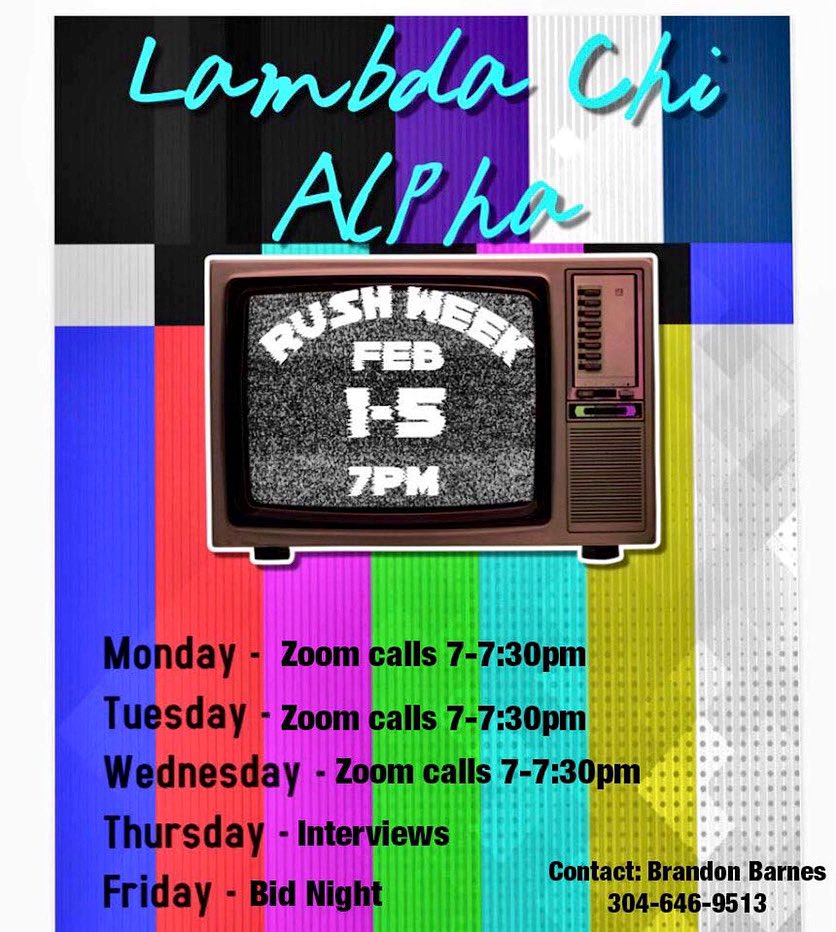 Spring ‘21 rush week is just a few days away. Get in contact with Brandon if you’re interested in joining Lambda Chi.